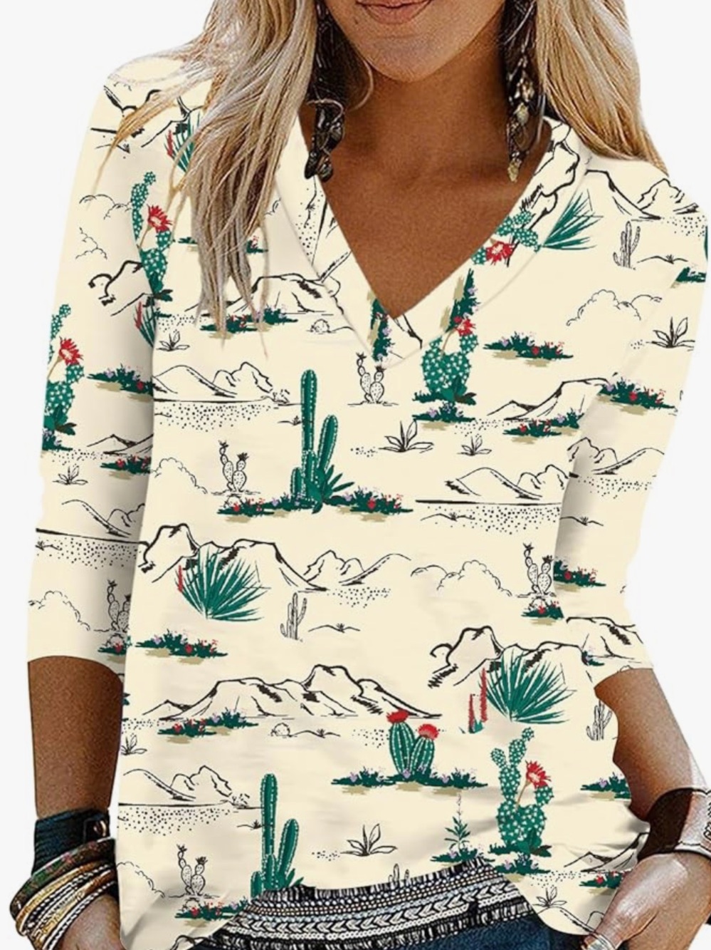 Chic Nation Cream Desert Cactus Print V-Neck Top